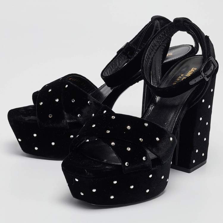 Pre Owned Saint Laurent Black Velvet Farrah Platform Ankle Strap Sandals Size 38