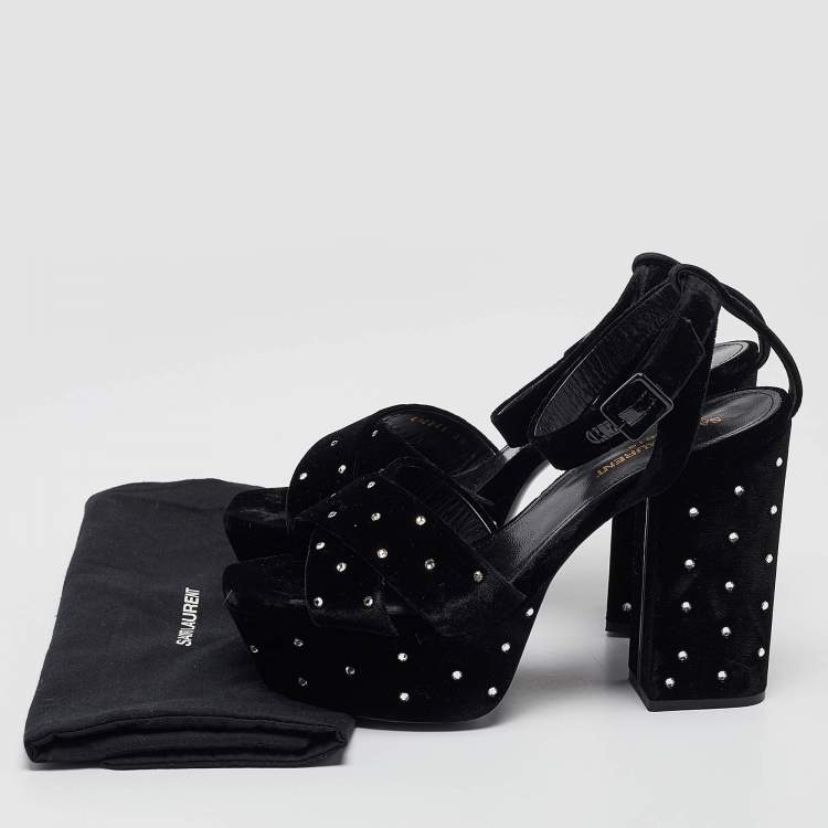Pre Owned Saint Laurent Black Velvet Farrah Platform Ankle Strap Sandals Size 38