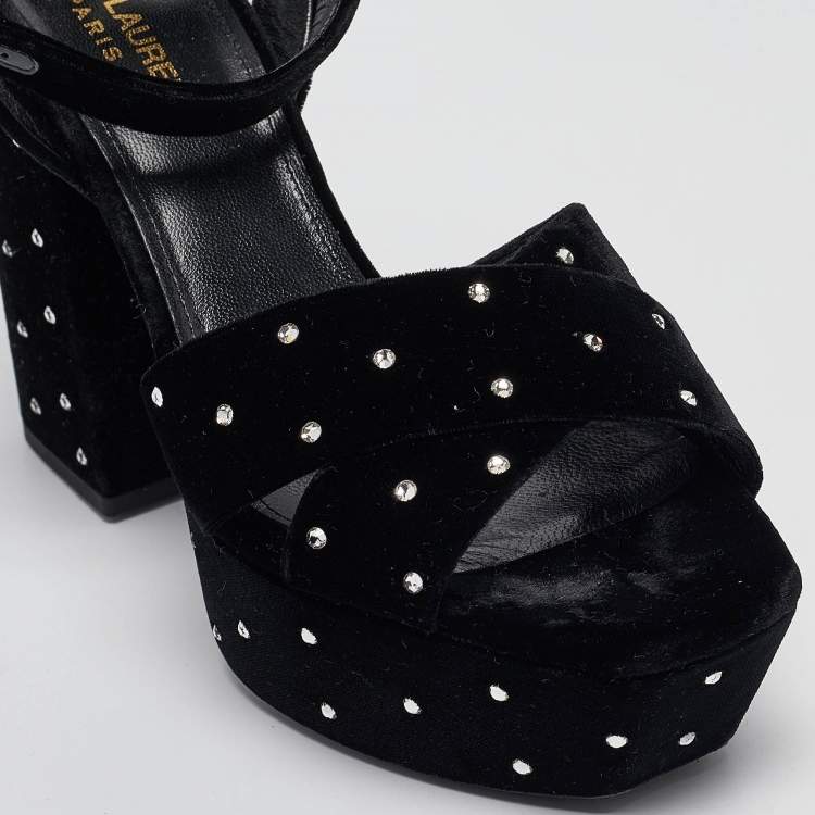 Pre Owned Saint Laurent Black Velvet Farrah Platform Ankle Strap Sandals Size 38