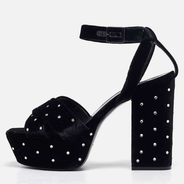 Pre Owned Saint Laurent Black Velvet Farrah Platform Ankle Strap Sandals Size 38