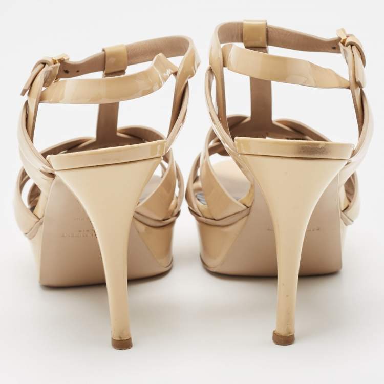 Pre Owned Saint Laurent Beige Patent Leather Tribute Platform Sandals Size 38.5