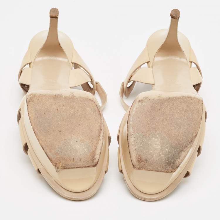 Pre Owned Saint Laurent Beige Patent Leather Tribute Platform Sandals Size 38.5