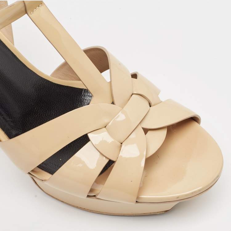 Pre Owned Saint Laurent Beige Patent Leather Tribute Platform Sandals Size 38.5