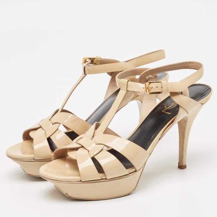 Pre Owned Saint Laurent Beige Patent Leather Tribute Platform Sandals Size 38.5