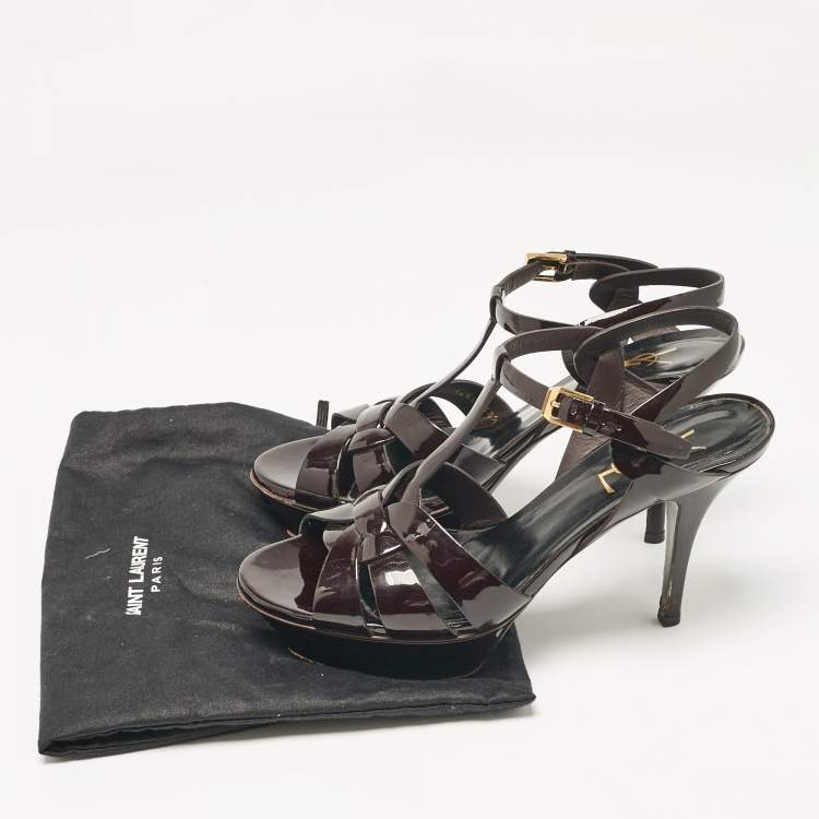 Pre Owned Saint Laurent Dark Brown Patent Leather Tribute Platform Sandals Size 38.5