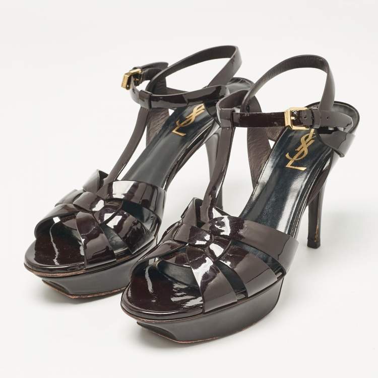 Pre Owned Saint Laurent Dark Brown Patent Leather Tribute Platform Sandals Size 38.5