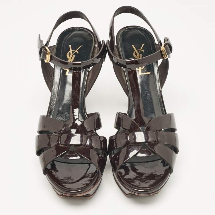 Pre Owned Saint Laurent Dark Brown Patent Leather Tribute Platform Sandals Size 38.5