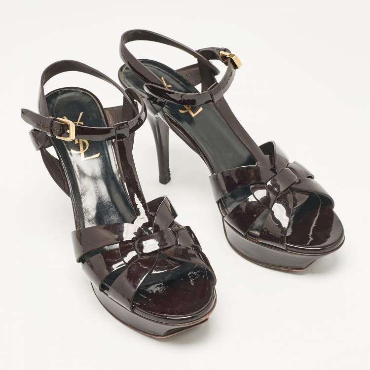 Pre Owned Saint Laurent Dark Brown Patent Leather Tribute Platform Sandals Size 38.5