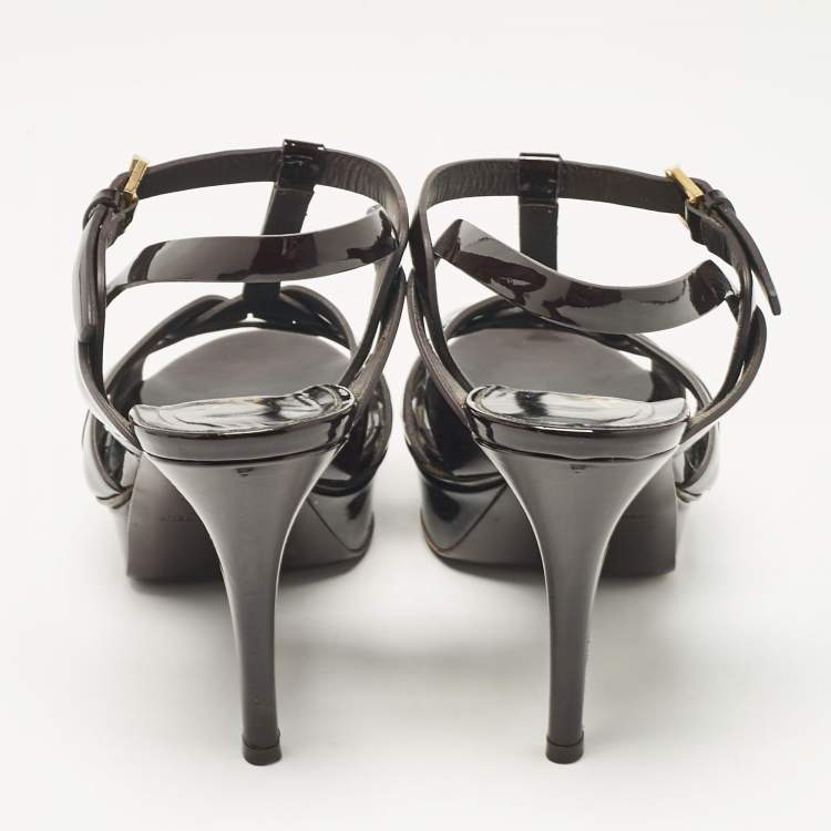 Pre Owned Saint Laurent Dark Brown Patent Leather Tribute Platform Sandals Size 38.5