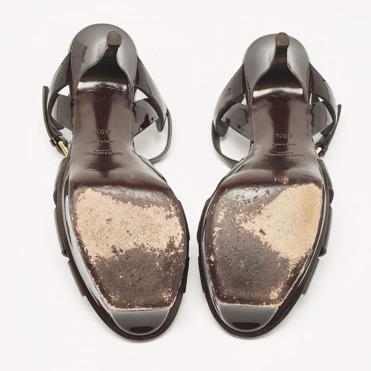 Pre Owned Saint Laurent Dark Brown Patent Leather Tribute Platform Sandals Size 38.5