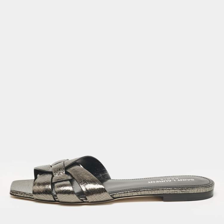 مملوكة مسبقًا Saint Laurent Metallic Leather Tribute Flat Sandals Size 36.5