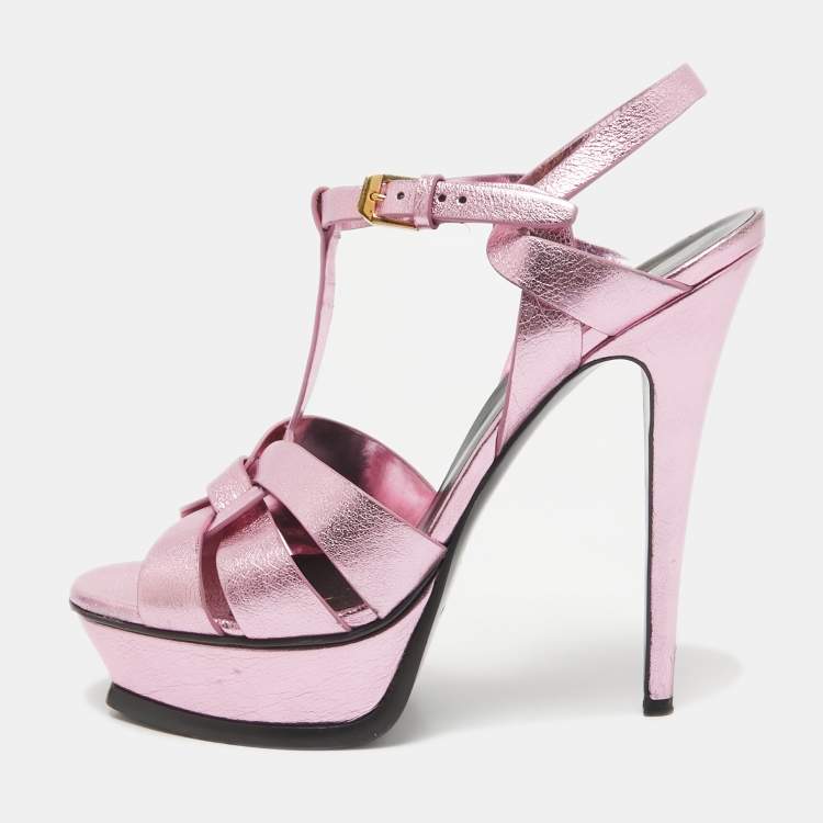 Pre Owned Saint Laurent Pink Leather Tribute Platform Sandals Size 39