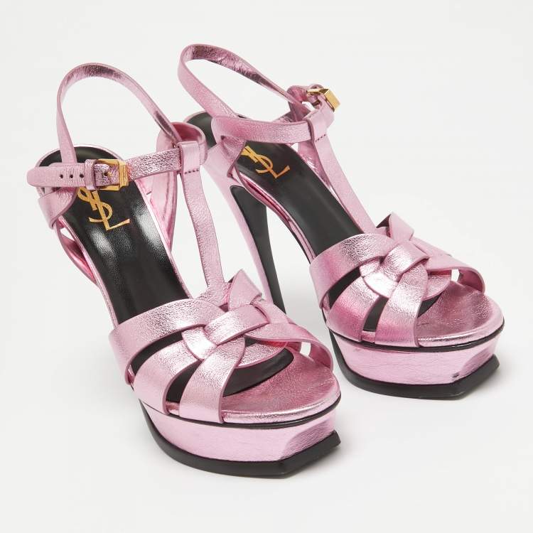 Pre Owned Saint Laurent Pink Leather Tribute Platform Sandals Size 39