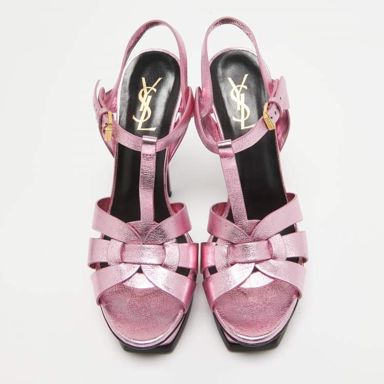 Pre Owned Saint Laurent Pink Leather Tribute Platform Sandals Size 39