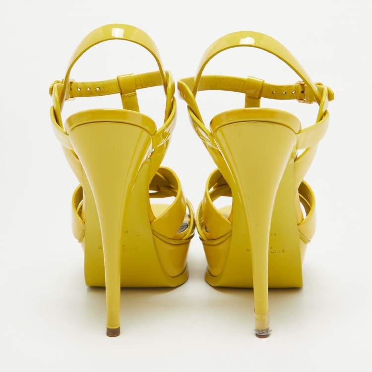 Pre Owned Saint Laurent Yellow Patent Tribute Platform Sandals Size 38
