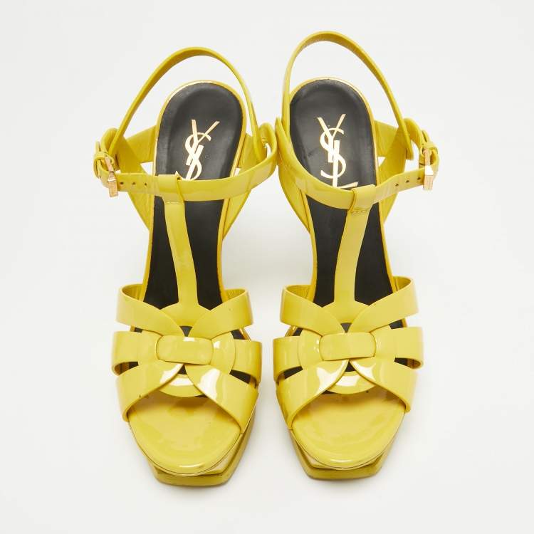 Pre Owned Saint Laurent Yellow Patent Tribute Platform Sandals Size 38