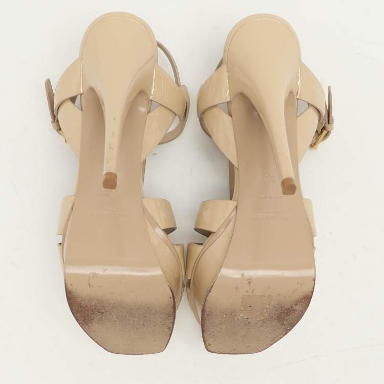 Pre Owned Saint Laurent Beige Patent Leather Tribute Ankle Strap Sandals Size 38