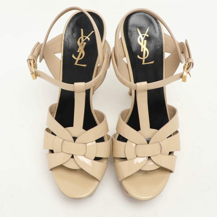 Pre Owned Saint Laurent Beige Patent Leather Tribute Ankle Strap Sandals Size 38