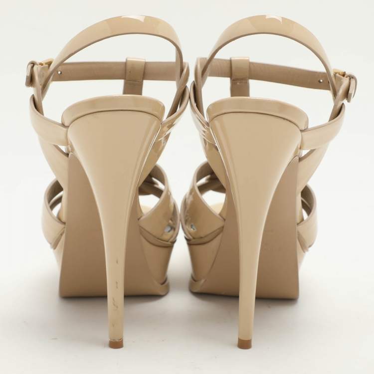 Pre Owned Saint Laurent Beige Patent Leather Tribute Ankle Strap Sandals Size 38