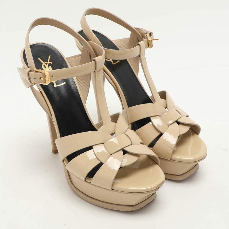 Pre Owned Saint Laurent Beige Patent Leather Tribute Ankle Strap Sandals Size 38