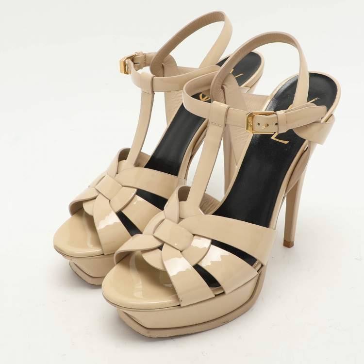 Pre Owned Saint Laurent Beige Patent Leather Tribute Ankle Strap Sandals Size 38