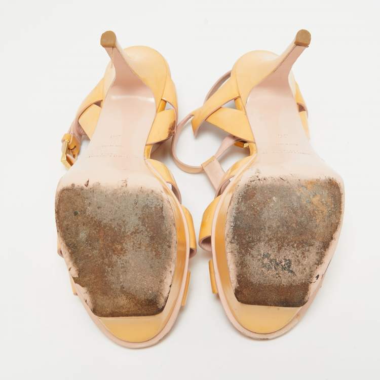 Pre Owned Saint Laurent Beige Patent Leather Tribute Platform Sandals Size 36