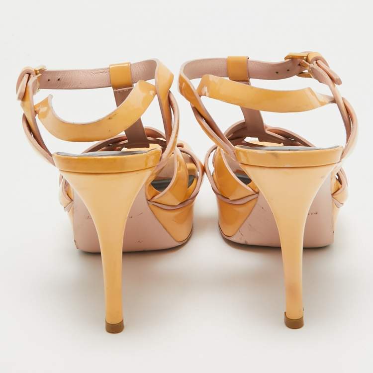 Pre Owned Saint Laurent Beige Patent Leather Tribute Platform Sandals Size 36