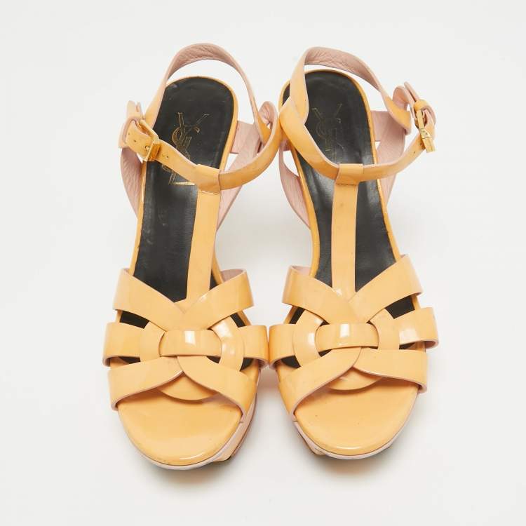 Pre Owned Saint Laurent Beige Patent Leather Tribute Platform Sandals Size 36