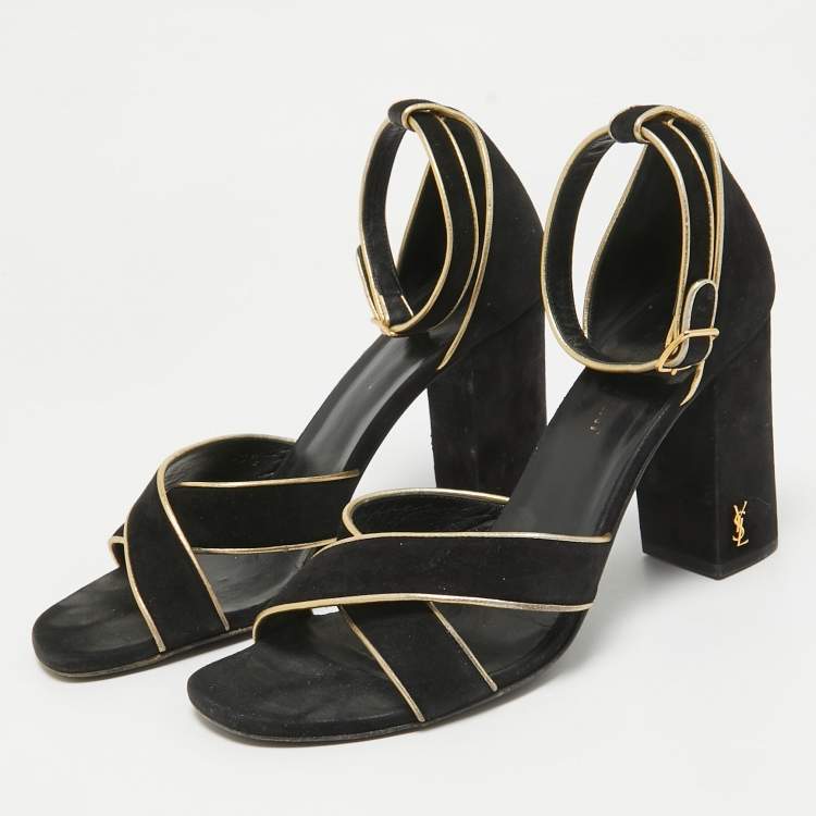 Pre Owned Saint Laurent Black Suede Ankle Strap Sandals Size 38.5