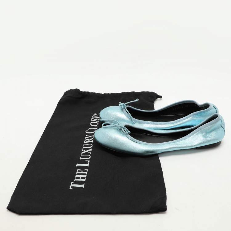 Pre Owned Saint Laurent Metallic Blue Leather Bow Ballet Flats Size 36
