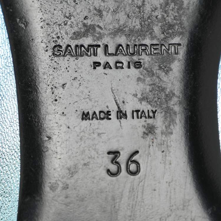Pre Owned Saint Laurent Metallic Blue Leather Bow Ballet Flats Size 36