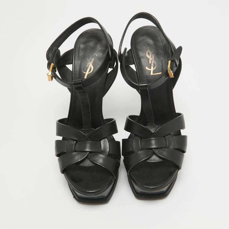Pre Owned Saint Laurent Black Leather Tribute Platform Sandals Size 38