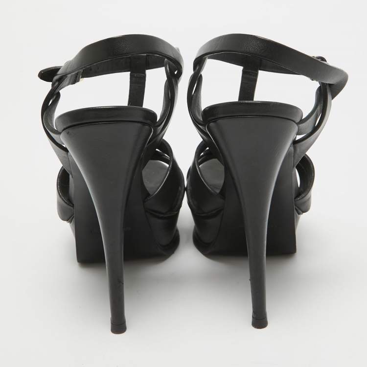 Pre Owned Saint Laurent Black Leather Tribute Platform Sandals Size 38