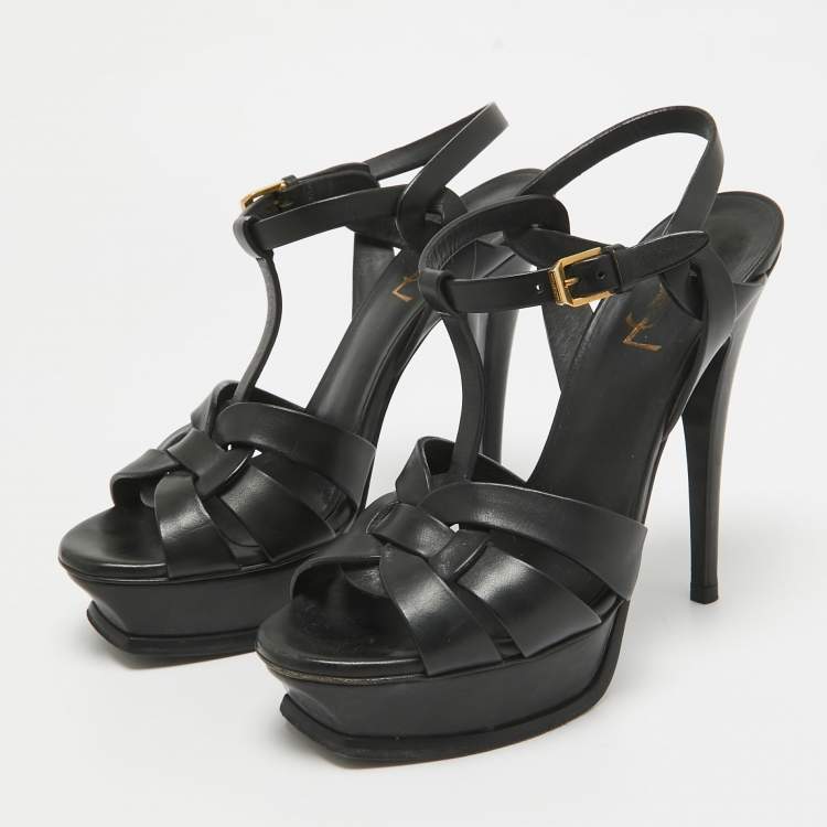 Pre Owned Saint Laurent Black Leather Tribute Platform Sandals Size 38