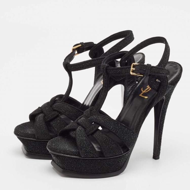 Pre Owned Saint Laurent Black Glitter Suede Tribute Sandals Size 35