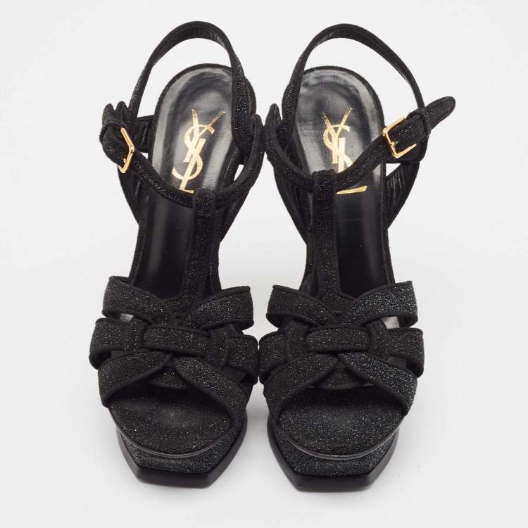 Pre Owned Saint Laurent Black Glitter Suede Tribute Sandals Size 35