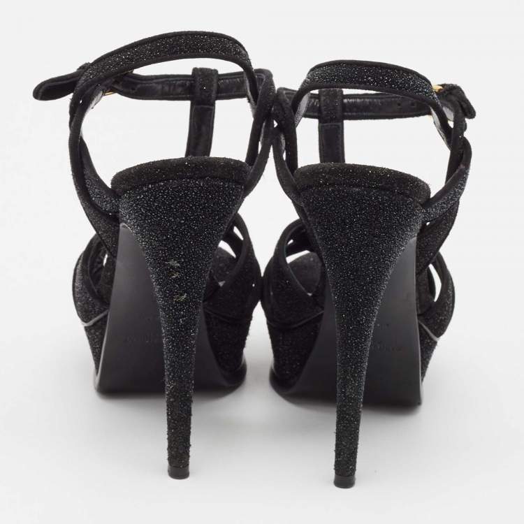 Pre Owned Saint Laurent Black Glitter Suede Tribute Sandals Size 35