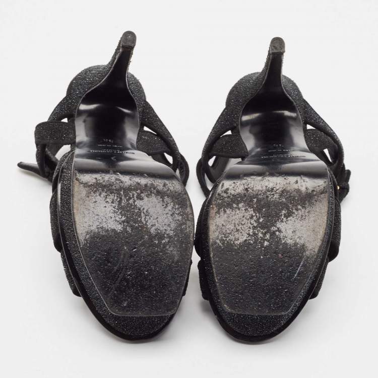 Pre Owned Saint Laurent Black Glitter Suede Tribute Sandals Size 35