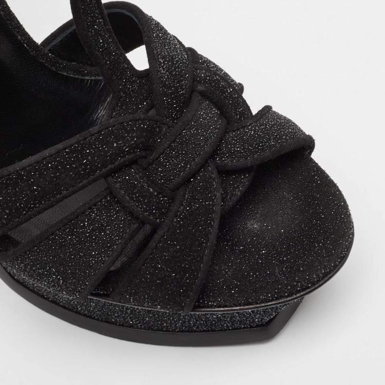 Pre Owned Saint Laurent Black Glitter Suede Tribute Sandals Size 35