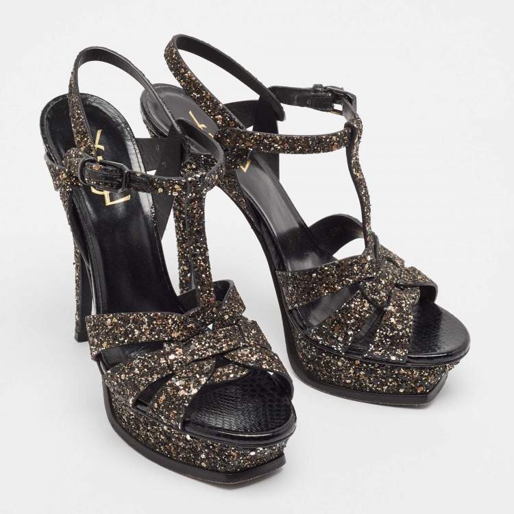 Pre Owned Saint Laurent Black Glitter Tribute Platform Sandals Size 38.5