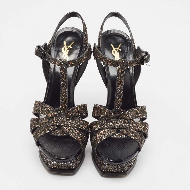 Pre Owned Saint Laurent Black Glitter Tribute Platform Sandals Size 38.5
