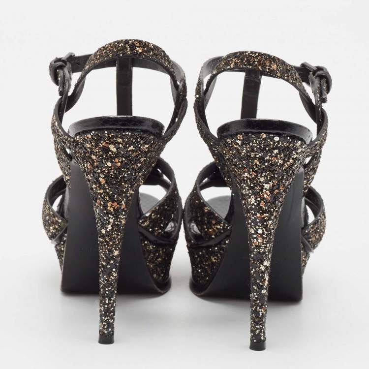 Pre Owned Saint Laurent Black Glitter Tribute Platform Sandals Size 38.5