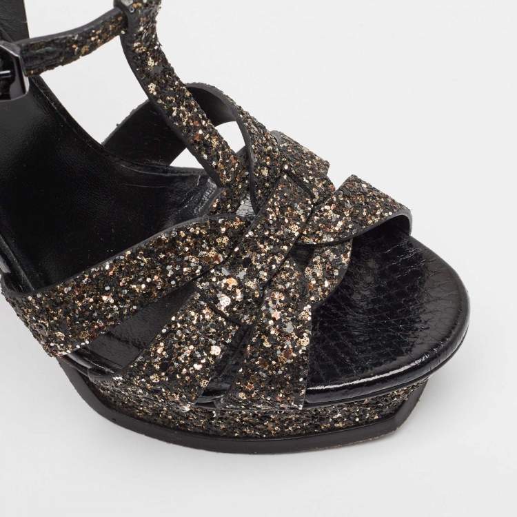 Pre Owned Saint Laurent Black Glitter Tribute Platform Sandals Size 38.5