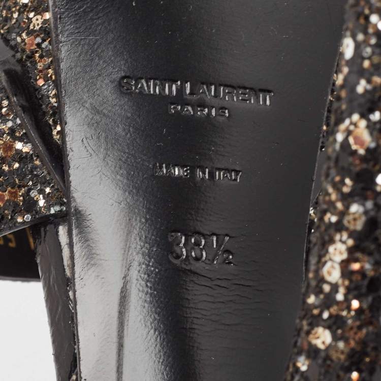 Pre Owned Saint Laurent Black Glitter Tribute Platform Sandals Size 38.5