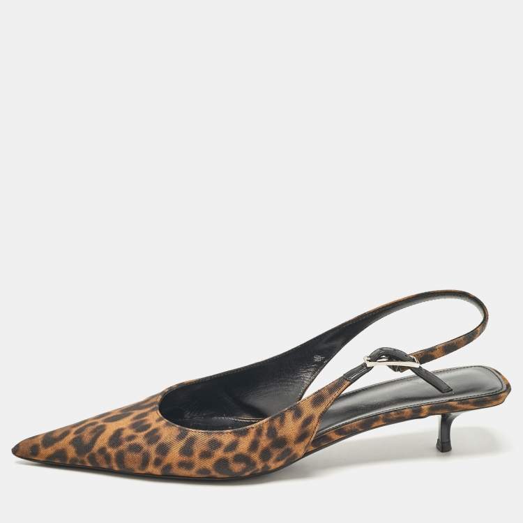 Pre Owned Saint Laurent Brown/Black Leopard Print Canvas Cherish Slingback Pumps Size 37.5