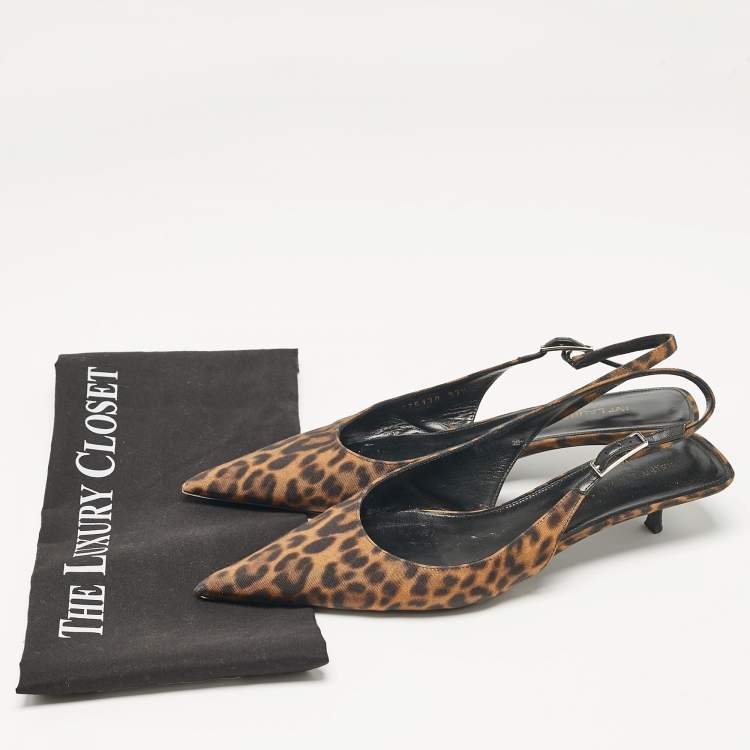 Pre Owned Saint Laurent Brown/Black Leopard Print Canvas Cherish Slingback Pumps Size 37.5