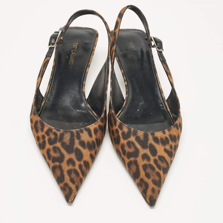 Pre Owned Saint Laurent Brown/Black Leopard Print Canvas Cherish Slingback Pumps Size 37.5