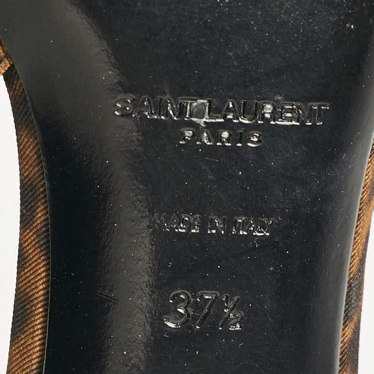 Pre Owned Saint Laurent Brown/Black Leopard Print Canvas Cherish Slingback Pumps Size 37.5