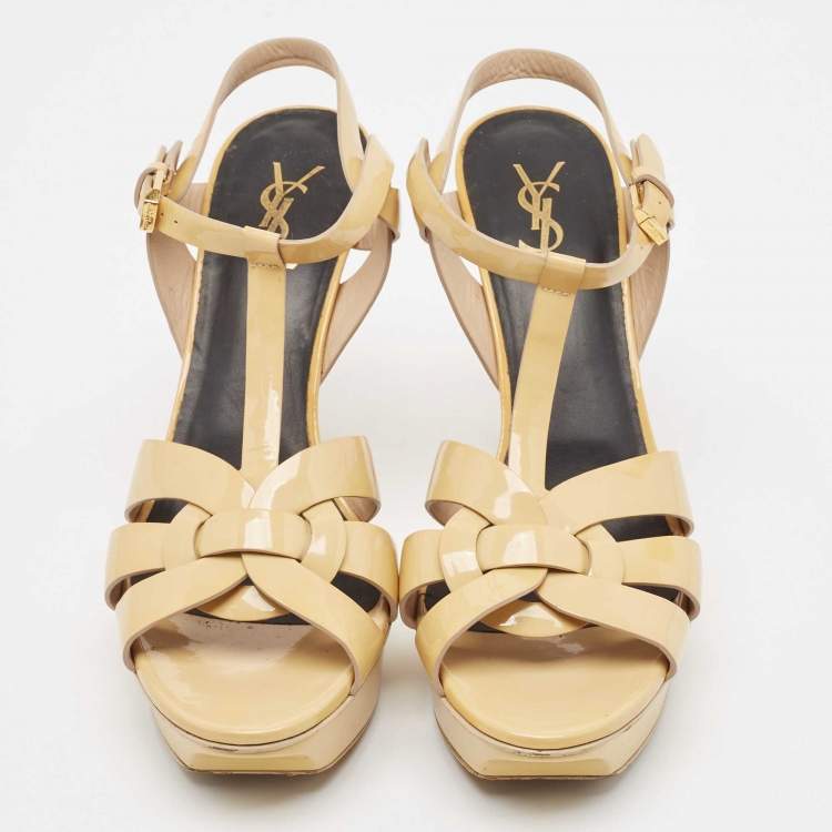 Pre Owned Saint Laurent Paris Beige Patent Leather Tribute Platform Ankle Strap Sandals Size 41