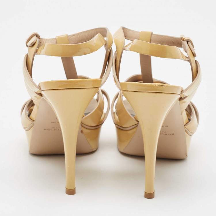 Pre Owned Saint Laurent Paris Beige Patent Leather Tribute Platform Ankle Strap Sandals Size 41